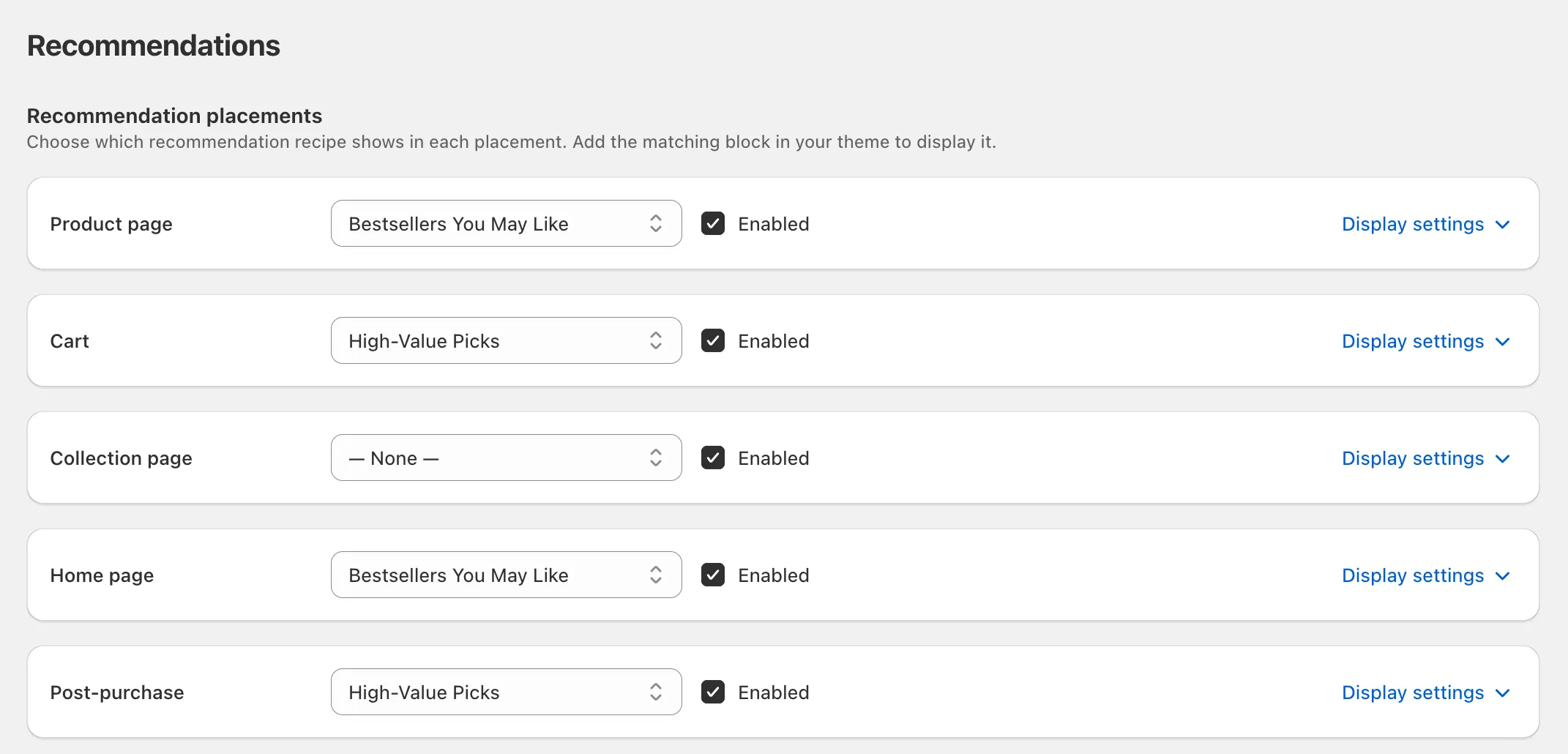 Recommendations page with placements bound to recipes