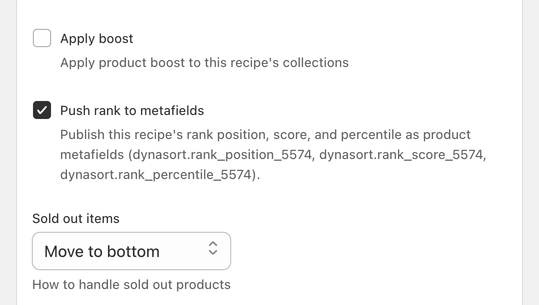 Push rank to metafields checkbox in the recipe sidebar