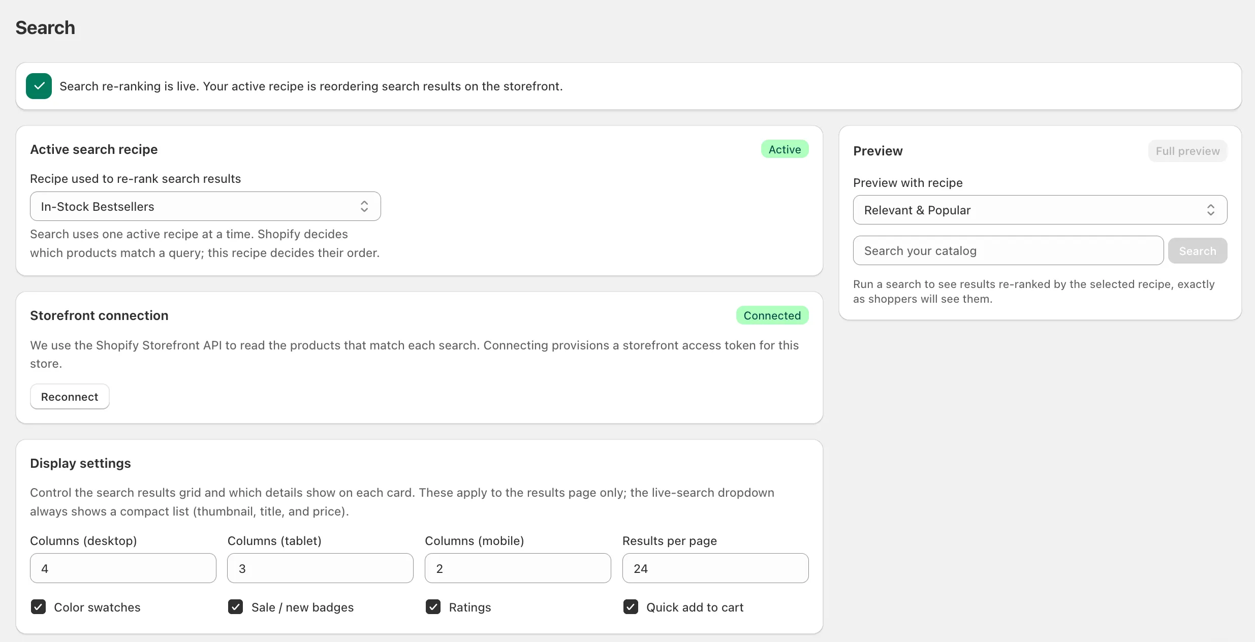 Search page with active recipe, storefront connection, and display settings