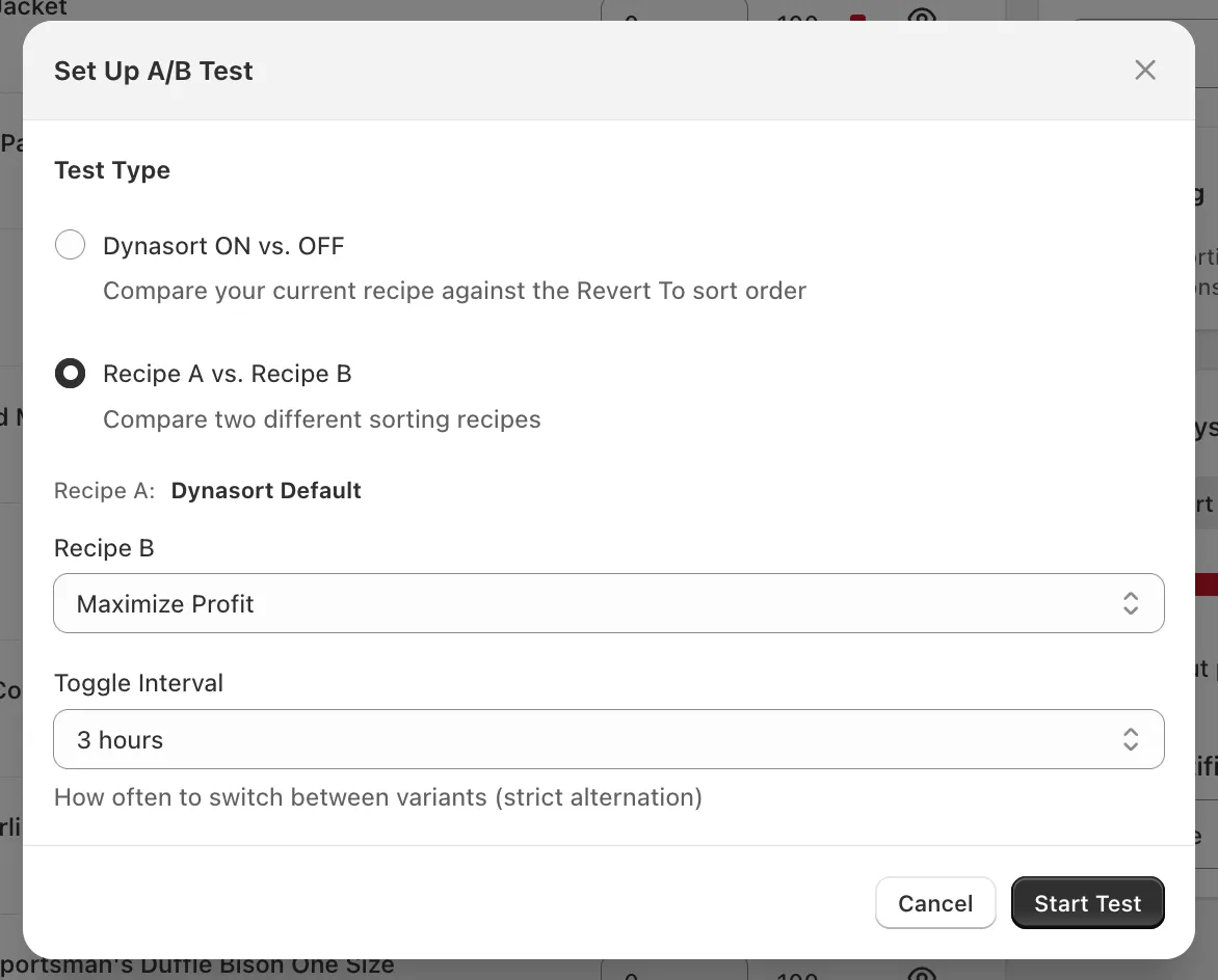 Setup modal with test type, recipes, and toggle interval