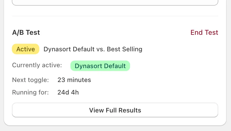 Active test card showing current variant, next toggle countdown, and runtime