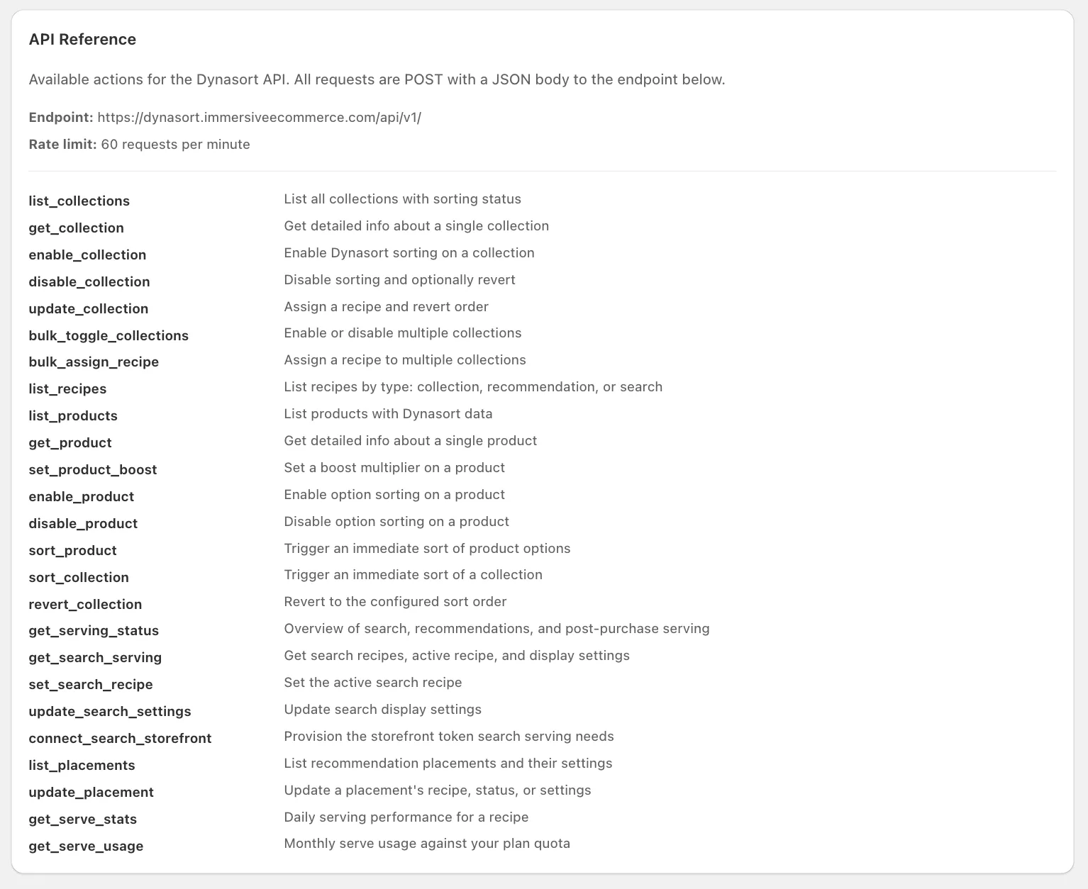API Reference card showing all available actions