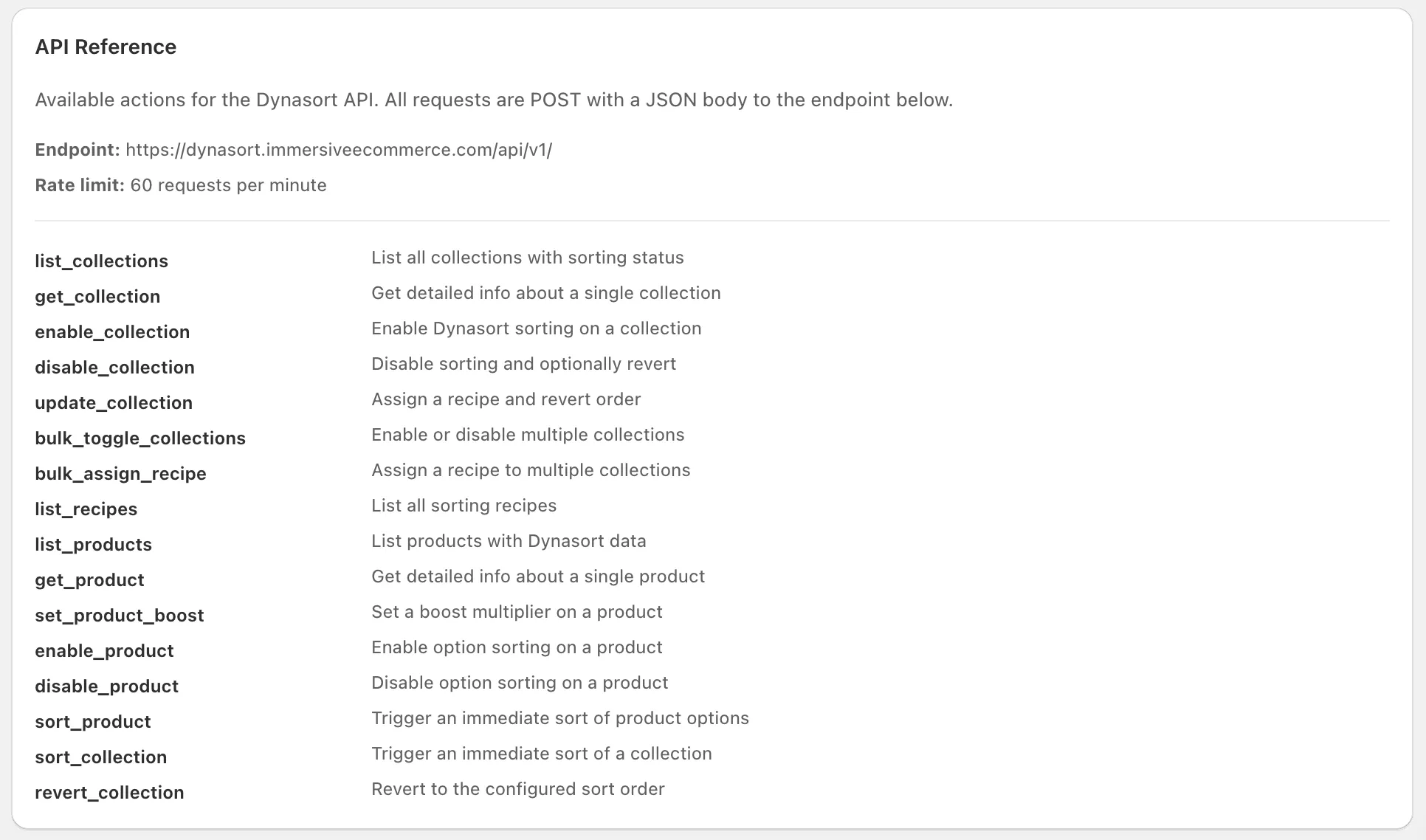 API Reference card showing all 16 available actions
