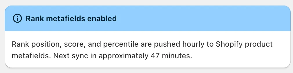 Rank metafields enabled banner showing minutes until next sync
