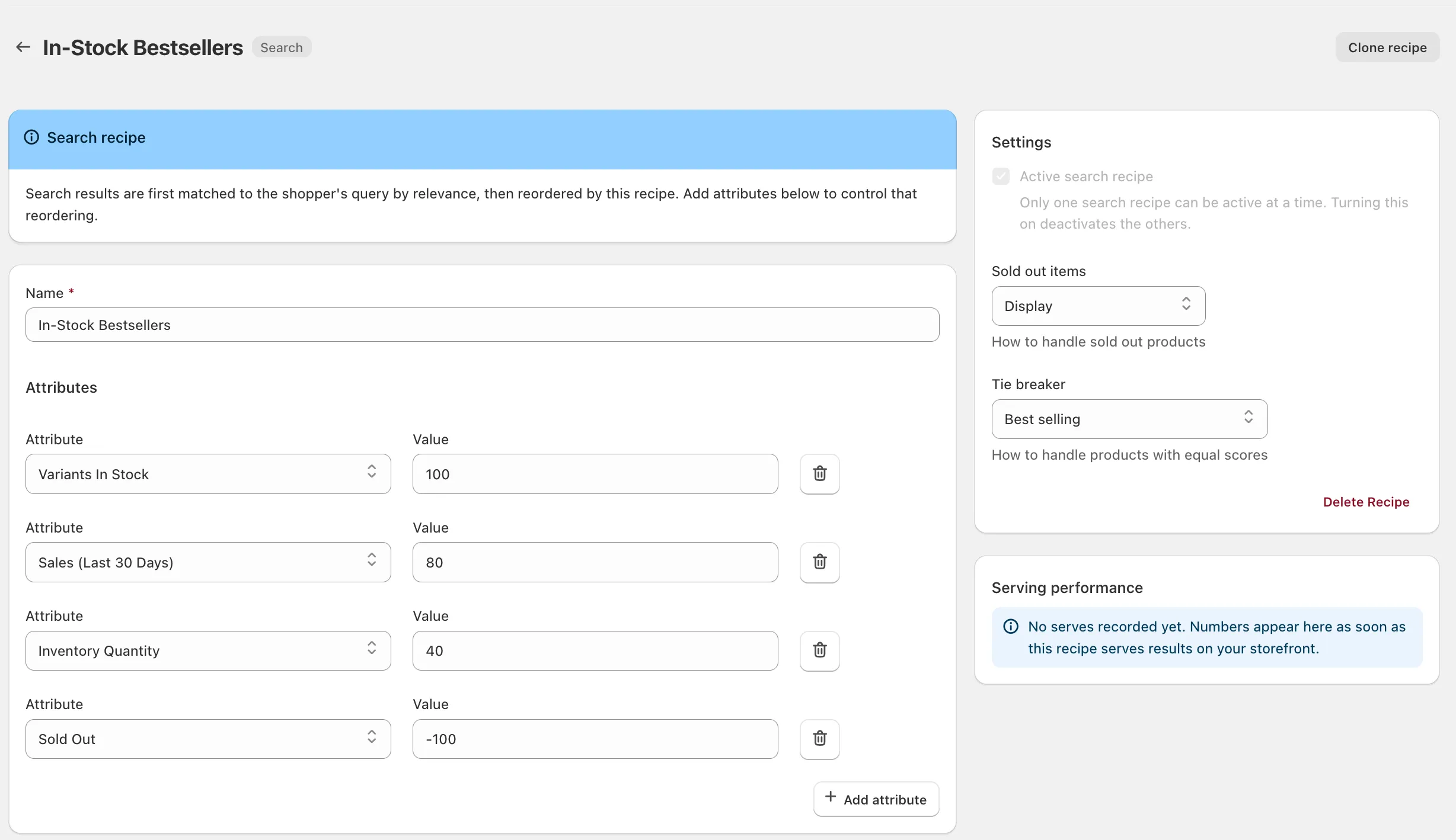Search recipe editor with attributes and the tie-breaker setting