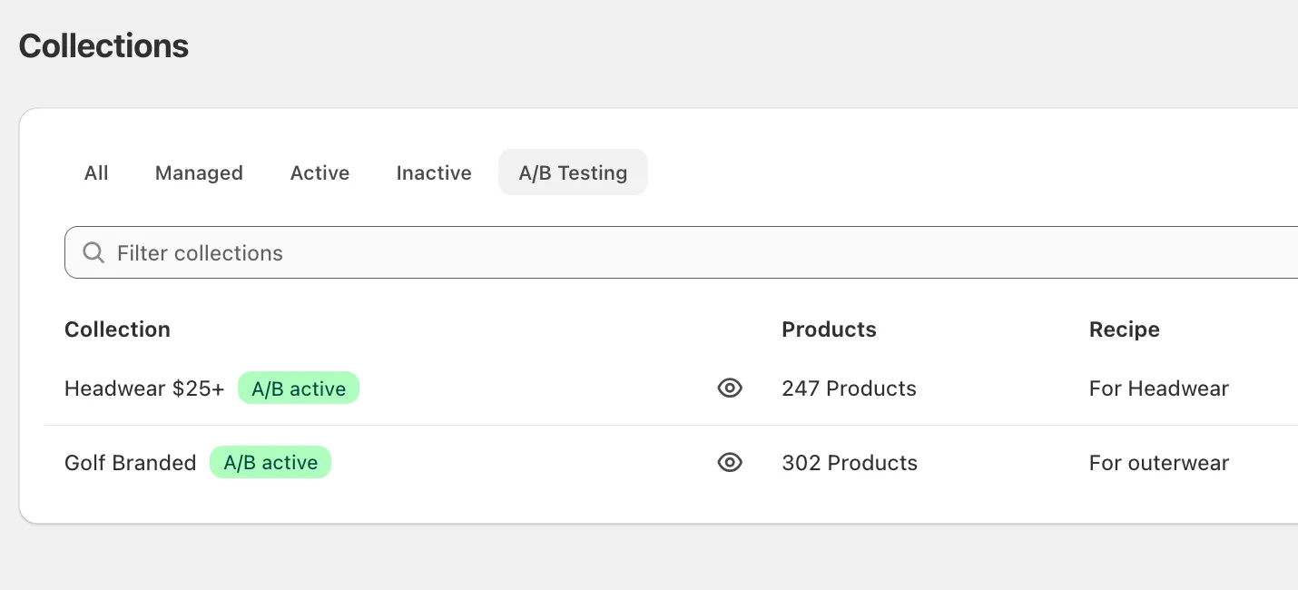 Collections page filtered to A/B Testing, showing collections with active badges