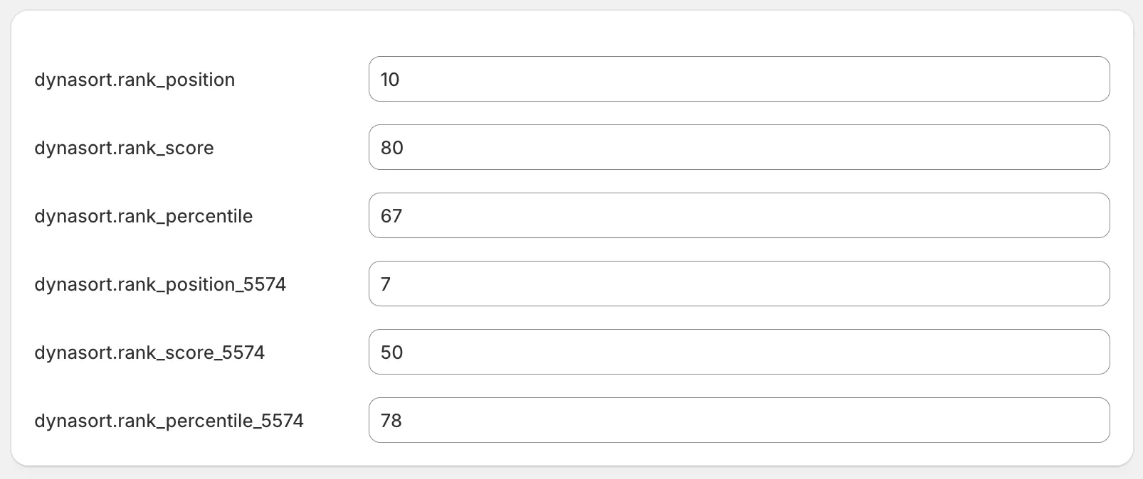 Shopify product admin showing six dynasort metafields: three for default plus three suffixed with the recipe id